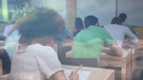 Network of profile icons against diverse group of students studying in the class at college. Global networking and education technology concept - Powered by Shutterstock - Get 15% off with code: PIKWIZARD15