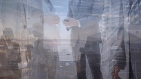 Animation of diverse business people over cityscape. Global business, finances and digital interface concept digitally generated video. - Powered by Shutterstock - Get 15% off with code: PIKWIZARD15