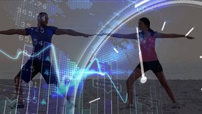 Animation of data processing and moving clock over diverse people exercising at beach. Global sport, technology and digital interface concept digitally generated video. - Powered by Shutterstock - Get 15% off with code: PIKWIZARD15