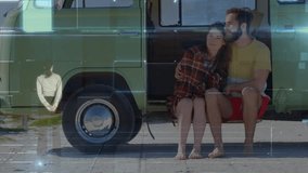 Animation of connections and data processing over man using digital screen and couple. Global connections, networks and data processing concept digitally generated video. - Powered by Shutterstock - Get 15% off with code: PIKWIZARD15