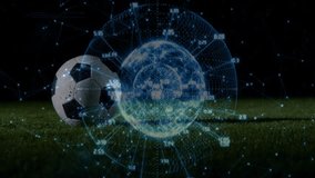 Soccer ball on field with digital globe and data overlay animation. Sports, technology, analytics, innovation, football, global - Powered by Shutterstock - Get 15% off with code: PIKWIZARD15