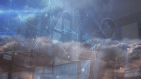 Businessman holding smartphone outside office, showcasing network lines, node graphics for tech. Technology, communication, urban, innovation, professional, connectivity, modern - Powered by Shutterstock - Get 15% off with code: PIKWIZARD15