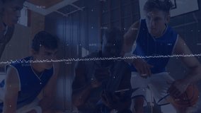 Coach and players gathering in huddle on basketball court, showing sports analytics data overlay. Athletics, teamwork, coaching, mentorship, motivation, sports performance, training - Powered by Shutterstock - Get 15% off with code: PIKWIZARD15