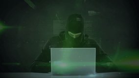 Animation of data processing over caucasian male computer hacker in balaclava using laptop. global online security, cybercrime and data processing concept digitally generated video. - Powered by Shutterstock - Get 15% off with code: PIKWIZARD15