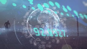 Animation of light trails over a globe against african american fit man running on the promenade. Sports and fitness technology concept - Powered by Shutterstock - Get 15% off with code: PIKWIZARD15