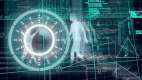 Animation of neon round scanner, data processing and geometric shapes against human body model. Computer interface and medical research technology concept - Powered by Shutterstock - Get 15% off with code: PIKWIZARD15