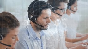 Animation of data processing over diverse business people using phone headsets. Global business, finance, computing and data processing concept digitally generated video. - Powered by Shutterstock - Get 15% off with code: PIKWIZARD15