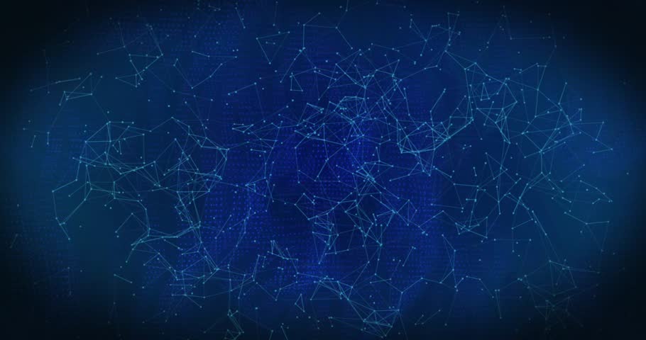 Animation of padlock in shield, numbers forming blockchain and connected dots on abstract background. Digitally generated, hologram, protection, cryptocurrency, communication and technology concept.