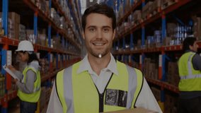 Animation of network of connections with icons over diverse workers in warehouse. Global shipping, business, connections and digital interface concept digitally generated video. - Powered by Shutterstock - Get 15% off with code: PIKWIZARD15