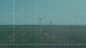 3D render wind turbines spinning over farmland under teal grid, showing rising green trend line. Renewable, sustainability, technology, environmental, growth, landscape, data visualization - Powered by Shutterstock - Get 15% off with code: PIKWIZARD15