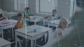 Students responding to teacher gesturing in class, raising hands to answer under holographic grid. Classroom, participation, attention, curiosity, edtech, hologram, bright - Powered by Shutterstock - Get 15% off with code: PIKWIZARD15