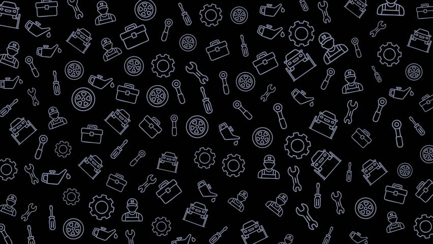 Vector pattern of industrial tools and gear icons on a black background, ideal for technical designs and engineering themes with a sleek monochrome style.