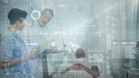 Data processing over caucasian male doctor and female health worker discussing reports at hospital. Medical healthcare and technology concept - Powered by Shutterstock - Get 15% off with code: PIKWIZARD15