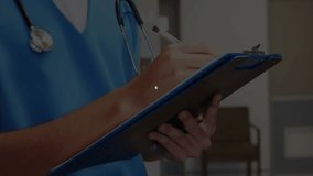 Animation of network of connections over caucasian female doctor. Global medicine, connections and digital interface concept digitally generated video. - Powered by Shutterstock - Get 15% off with code: PIKWIZARD15