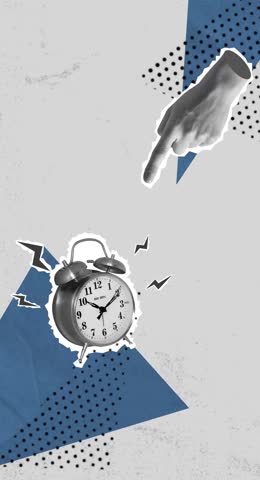 Trendy halftone collage. A hand holds a ringing alarm clock. Reminder on calendar. Vector business concepts for graphic and web design, marketing and print materials, stop motion, collage art.