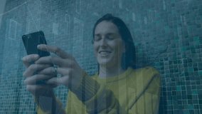 Animation of statistical data processing over caucasian woman using smartphone against rolling dice. Global networking and business data technology concept - Powered by Shutterstock - Get 15% off with code: PIKWIZARD15