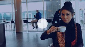 Animation of network of connections with icons over caucasian businesswoman talking network of connections. Global connections digital interface technology and networking concept digitally generated - Powered by Shutterstock - Get 15% off with code: PIKWIZARD15