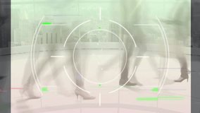 Animation of glitch technique, radar over time-lapse of people walking at office against cityscape. Digital composite, multiple exposure, skyscrapers, television, sonar and technology concept. - Powered by Shutterstock - Get 15% off with code: PIKWIZARD15