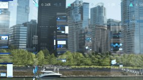 Animation of diagrams and stock market over cityscape and data processing. Global business and digital interface, digitally generated video. - Powered by Shutterstock - Get 15% off with code: PIKWIZARD15