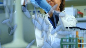 Animation of dna strand and eco icons over caucasian female scientist in laboratory. Global science, connections, computing and data processing concept digitally generated video. - Powered by Shutterstock - Get 15% off with code: PIKWIZARD15