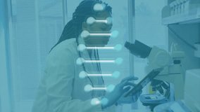 Animation of dna strand over african american female scientist working in lab. Global science, medicine and digital interface concept digitally generated video. - Powered by Shutterstock - Get 15% off with code: PIKWIZARD15