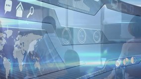 Suited man touching virtual screen, projecting floating world map and data charts for finance. Technology, innovation, data visualization, interface, digital, futuristic, analytics - Powered by Shutterstock - Get 15% off with code: PIKWIZARD15