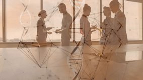 Leader offering folder for business exchange as transparent molecular data overlaying skyline. Collaboration, teamwork, data visualization, modern office, professional, corporate, communication - Powered by Shutterstock - Get 15% off with code: PIKWIZARD15