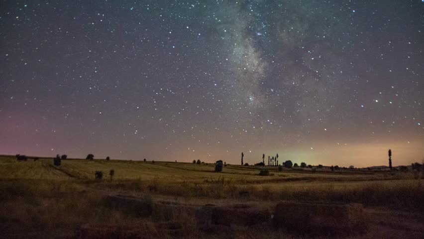 Stunning Milky Way Timelapse Over Rural Fields.