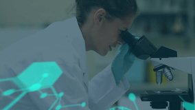 Animation of data processing over caucasian female scientist. global science, data processing and digital interface concept digitally generated video. - Powered by Shutterstock - Get 15% off with code: PIKWIZARD15