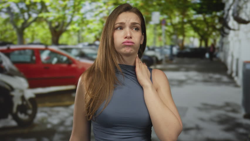 Woman with hand on neck on urban street lined with parked cars including a red vehicle and green trees; discomfort.