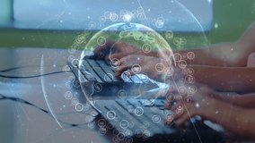 Light trails and digital icons over spinning globe against mid section of students using computer. education and technology concept - Powered by Shutterstock - Get 15% off with code: PIKWIZARD15