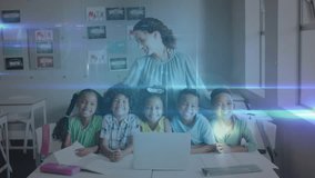 Animation of connections over caucasian female teacher and class of diverse pupils. School, education, learning and connections concept digitally generated video. - Powered by Shutterstock - Get 15% off with code: PIKWIZARD15