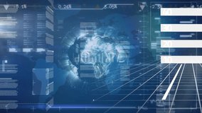 Animation of graphs, icons, globe with infographic data processing on digital interface. Digital composite, artificial intelligence, global business, cloud computing, development, technology. - Powered by Shutterstock - Get 15% off with code: PIKWIZARD15
