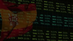 Animation of stock market and data processing over flag of spain on black background. Global business, finances and digital interface concept digitally generated video. - Powered by Shutterstock - Get 15% off with code: PIKWIZARD15
