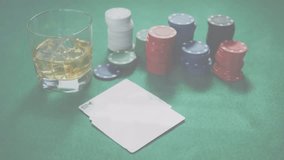 Animation of data processing over chips and drink in casino. Gambling, casino and digital interface concept digitally generated video. - Powered by Shutterstock - Get 15% off with code: PIKWIZARD15