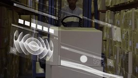 Animation of data processing and network of icons over male worker operating forklift at warehouse. Global networking and logistics business technology concept - Powered by Shutterstock - Get 15% off with code: PIKWIZARD15