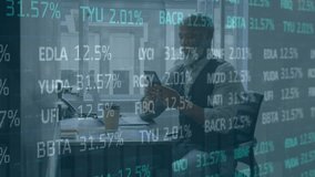 Animation of trading board on senior african american businessman using cellphone in cabin of office. Digital composite, multiple exposure, stock market, investment, abstract and technology concept. - Powered by Shutterstock - Get 15% off with code: PIKWIZARD15