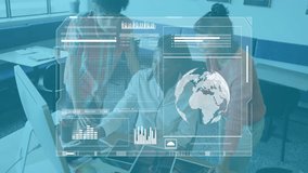 Diverse team collaborating at desk with digital data and globe animation overlay. Teamwork, collaboration, technology, innovation, global, networking - Powered by Shutterstock - Get 15% off with code: PIKWIZARD15