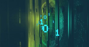 Server rack panels glowing in green light, displaying binary code and holographic globe overlay. Cybersecurity, digitaltransformation, futuristic, technology, data, network, innovation - Powered by Shutterstock - Get 15% off with code: PIKWIZARD15