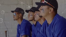 Four baseball players sitting dugout data overlays fading in showing stats pulsing with camera pan. Athletics, teamwork, sportsmanship, digital innovation, dynamic, competitive, camaraderie - Powered by Shutterstock - Get 15% off with code: PIKWIZARD15