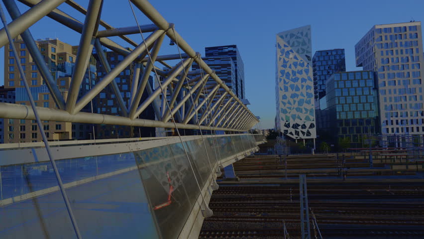Oslo Akrobaten bridge and Barcode office towers in Norway summer