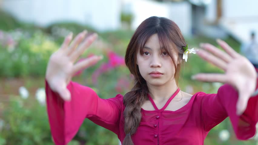  A young woman stands amidst a field of flowers at sunset.