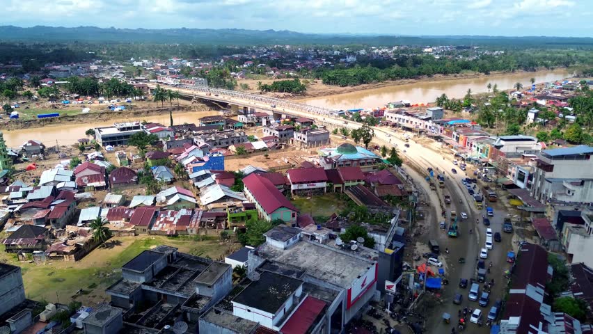 Aerial view of Kuala Simpang city, Aceh Tamiang province after 30 days of flash floods in Sumatra