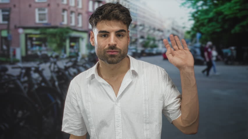 Man in white shirt with stubble raises right hand in a wave gesture on urban street lined with bicycles and brick buildings; friendliness.