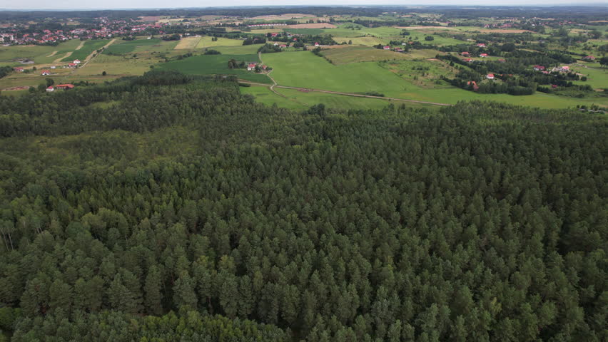 Aerial View Farmhouse, Hills Fields Trees Forest Agriculture Field. Aerial View Countryside Landscape. Poland Farm, Rural Scenery Farmland Summer Forest. European House Farm Into Green .