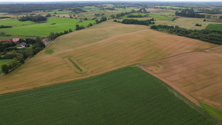 Farms, Rural Scenery Farmland Summer. European House Farm Into Green Land Poland. Aerial View Farmhouse, Hills, Agriculture Fields. Aerial View Countryside Landscape Agribusiness Food Industry.