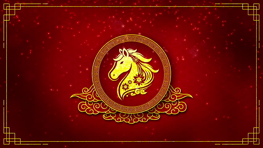 Motion graphic of Chinese New Year 2026 golden horse emblem with sparkling red festive background featuring traditional patterns and seamless loop animation celebrating Year of the Horse.