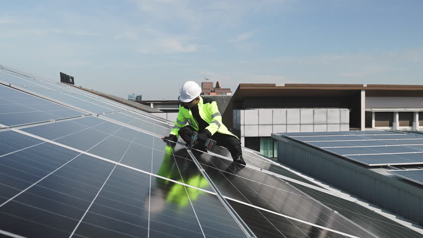 Technician installing solar panels on factory roof for green energy. A skilled technician in safety gear is working on a solar panel installation on rooftop. clean energy renewable power technology.