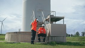Engineers working on site in wind turbine farm, Wind turbines generate clean energy source, Eco technology for electric, industry environment, sustainable technology wind power maintenance. - Powered by Shutterstock - Get 15% off with code: PIKWIZARD15