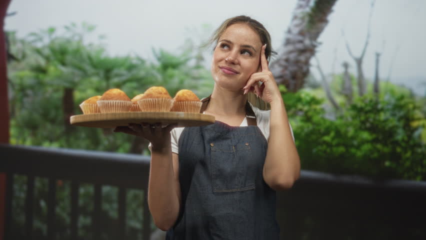 Young blonde woman in denim apron holding wooden tray of muffins with finger to temple in forest setting; contemplation.